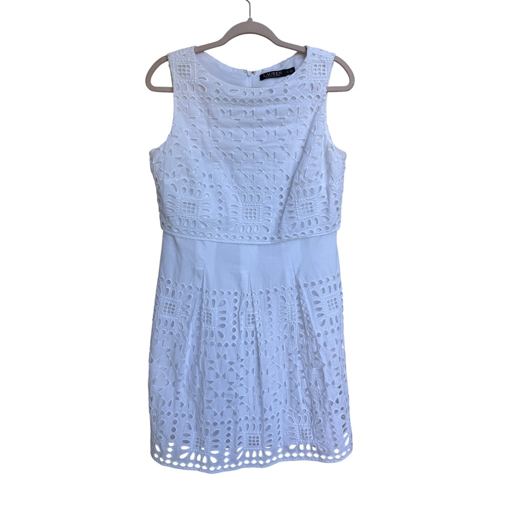 Lauren Ralph Lauren White Cotton Eyelet Sleeveless Shift Dress Womens Size 10